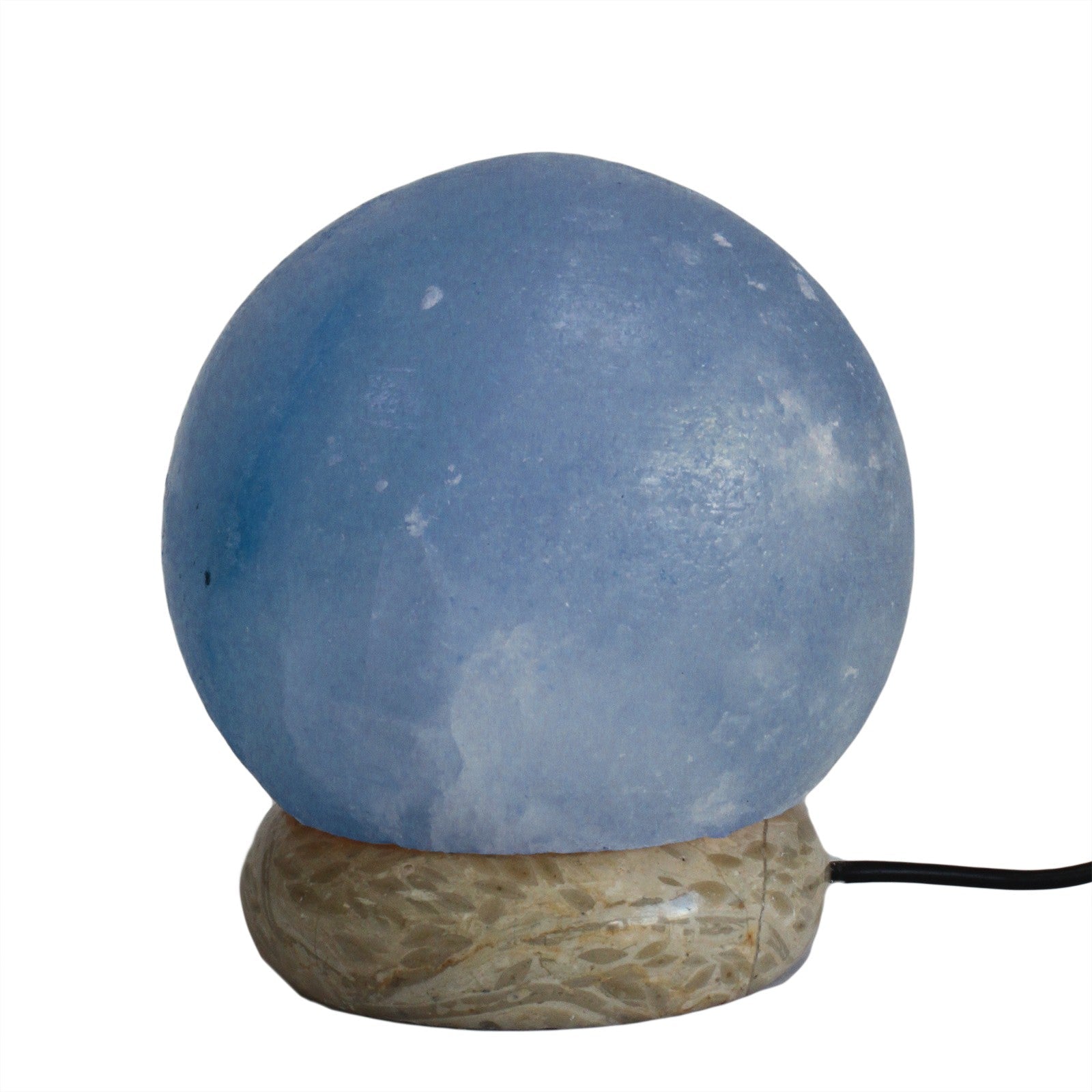 Hand Carved USB Himalayan Salt Crystal Lamp with Base - Natural / Round / Multicoloured Light product packaging on clean background from Quintessential Holistic Health Ltd