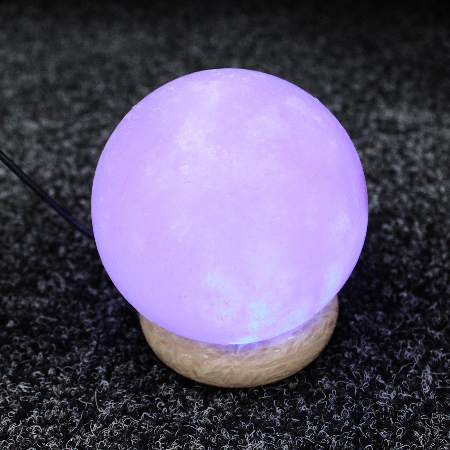 Hand Carved USB Himalayan Salt Crystal Lamp with Base - Natural / Round / Multicoloured Light product packaging on clean background from Quintessential Holistic Health Ltd