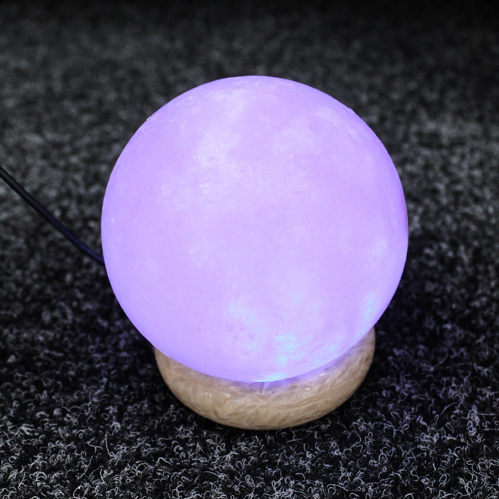 Hand Carved USB Himalayan Salt Crystal Lamp with Base - Natural / Round / Multicoloured Light product packaging on clean background from Quintessential Holistic Health Ltd