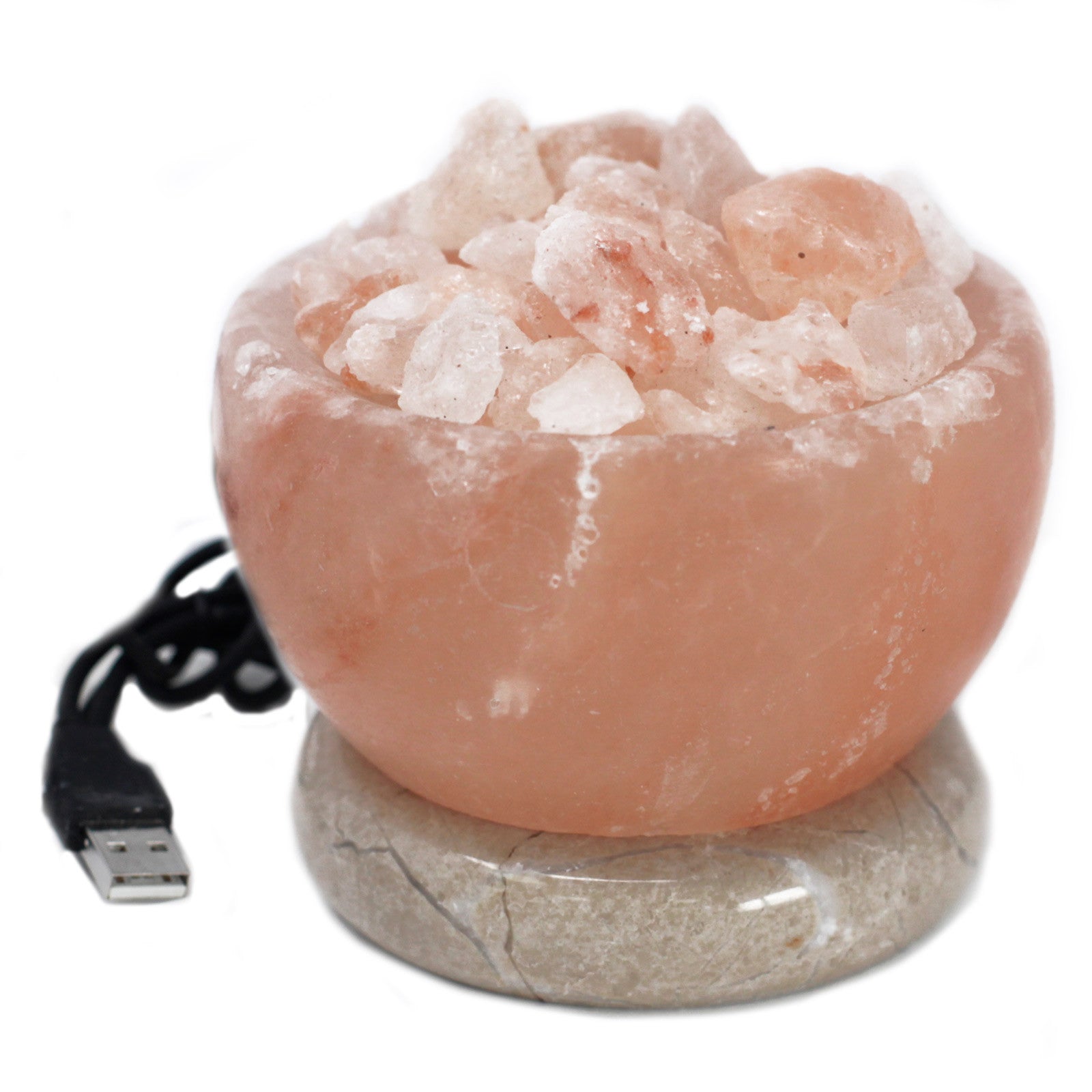 Hand Carved USB Himalayan Salt Crystal Lamp with Base - Natural / Fire Bowl / Multicoloured Light product packaging on clean background from Quintessential Holistic Health Ltd