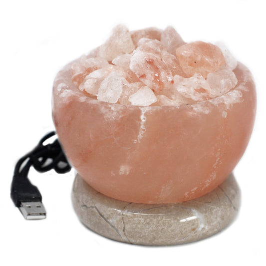Hand Carved USB Himalayan Salt Crystal Lamp with Base - Natural / Fire Bowl / Multicoloured Light product packaging on clean background from Quintessential Holistic Health Ltd
