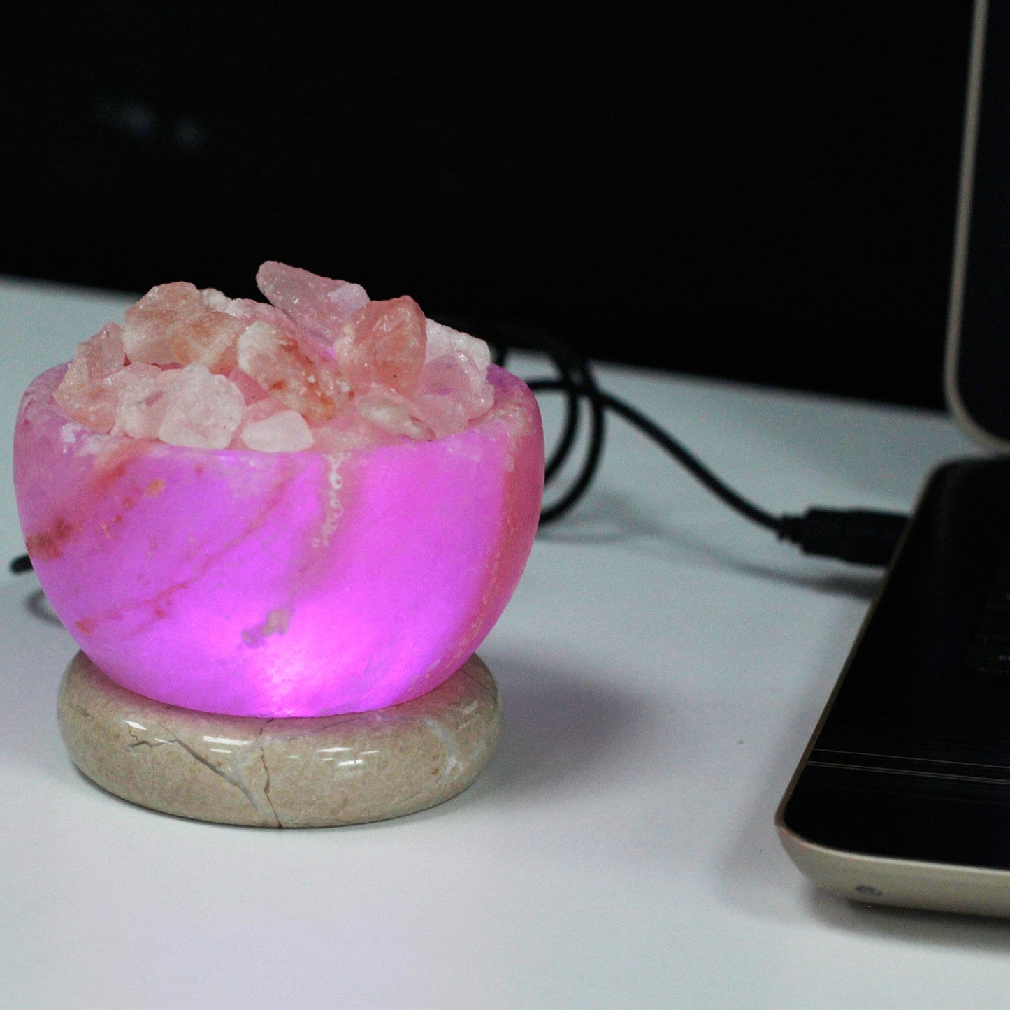 Hand Carved USB Himalayan Salt Crystal Lamp with Base - Natural / Fire Bowl / Multicoloured Light product packaging on clean background from Quintessential Holistic Health Ltd
