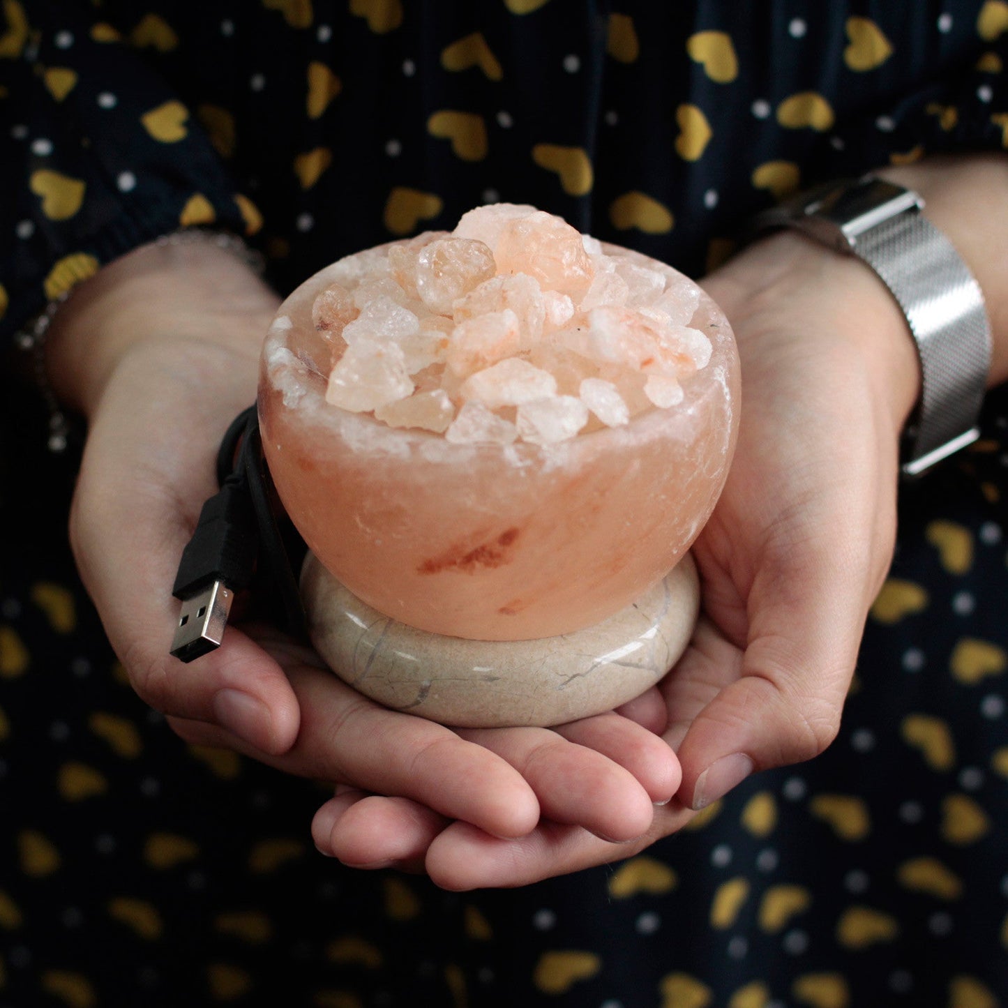 Hand Carved USB Himalayan Salt Crystal Lamp with Base - Natural / Fire Bowl / Multicoloured Light product packaging on clean background from Quintessential Holistic Health Ltd
