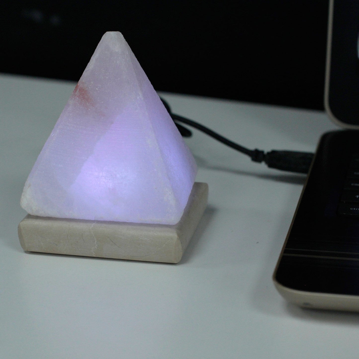 Hand Carved USB Himalayan Salt Crystal Lamp with Base - White and Natural / Pyramid / Multicoloured Light product packaging on clean background from Quintessential Holistic Health Ltd