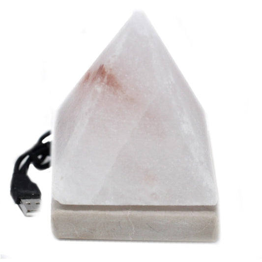 Hand Carved USB Himalayan Salt Crystal Lamp with Base - White and Natural / Pyramid / Multicoloured Light product packaging on clean background from Quintessential Holistic Health Ltd