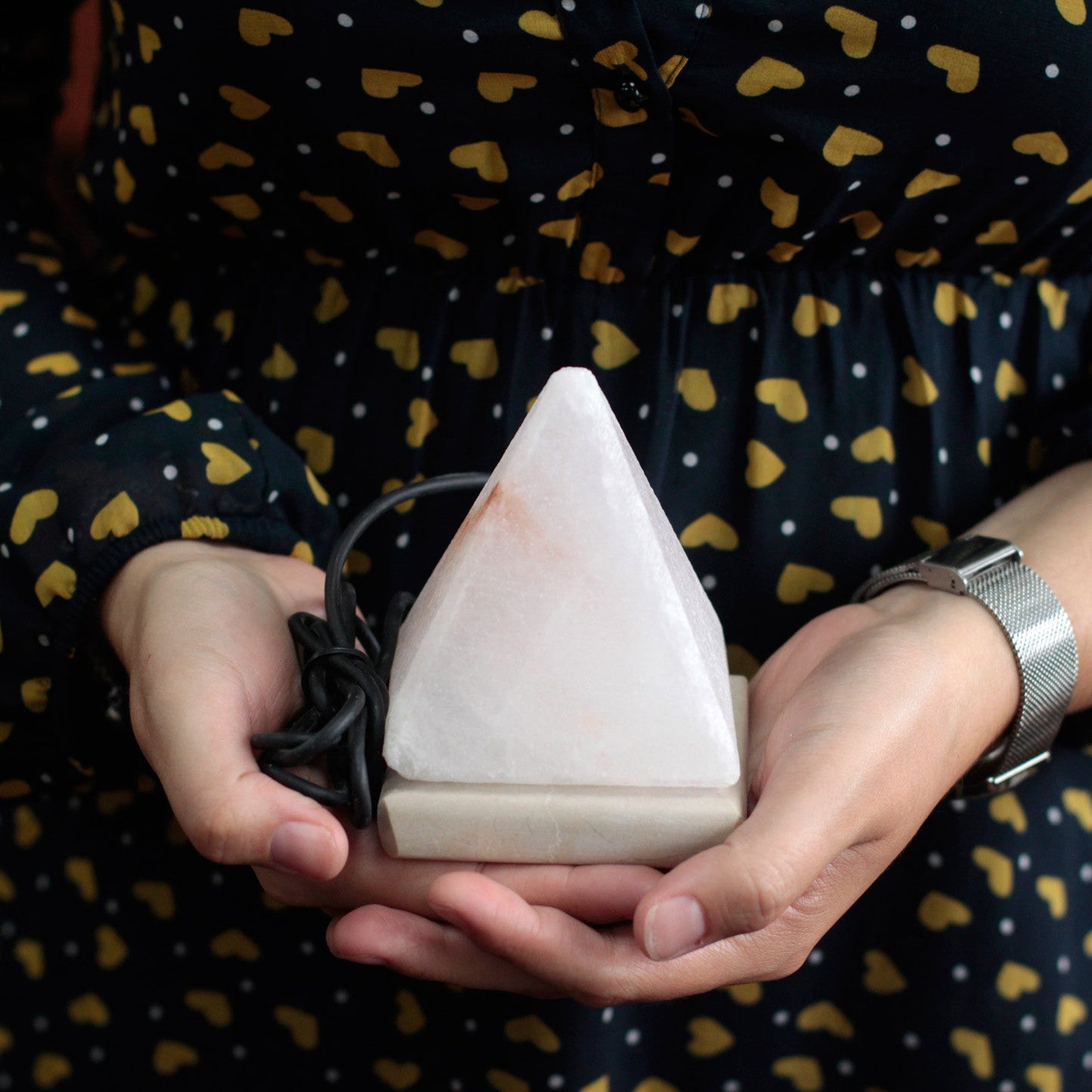 Hand Carved USB Himalayan Salt Crystal Lamp with Base - White and Natural / Pyramid / Multicoloured Light product packaging on clean background from Quintessential Holistic Health Ltd
