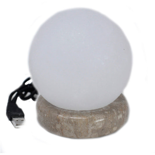 Hand Carved USB Himalayan Salt Crystal Lamp with Base - White and Natural / Round / Multicoloured Light product packaging on clean background from Quintessential Holistic Health Ltd