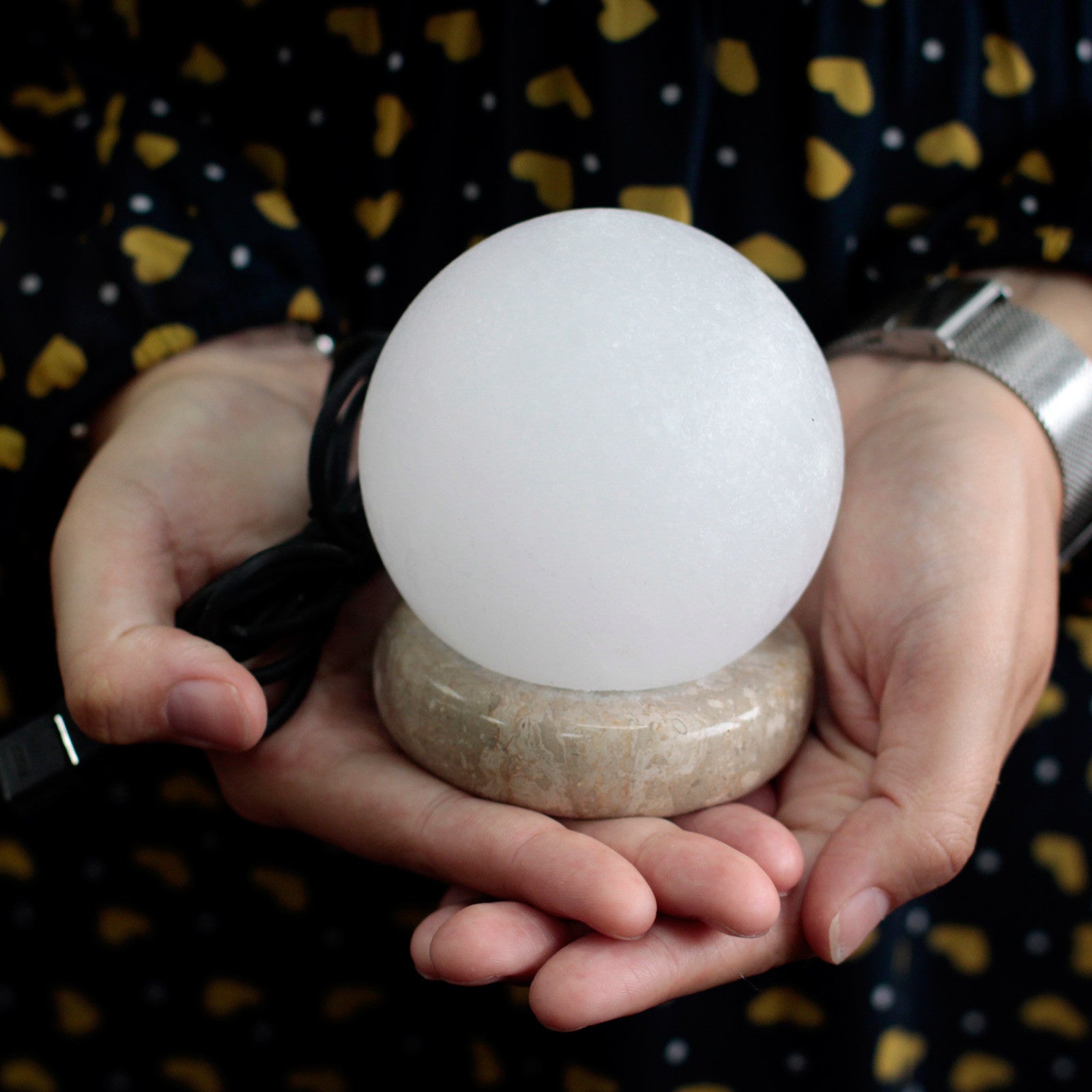 Hand Carved USB Himalayan Salt Crystal Lamp with Base - White and Natural / Round / Multicoloured Light product packaging on clean background from Quintessential Holistic Health Ltd