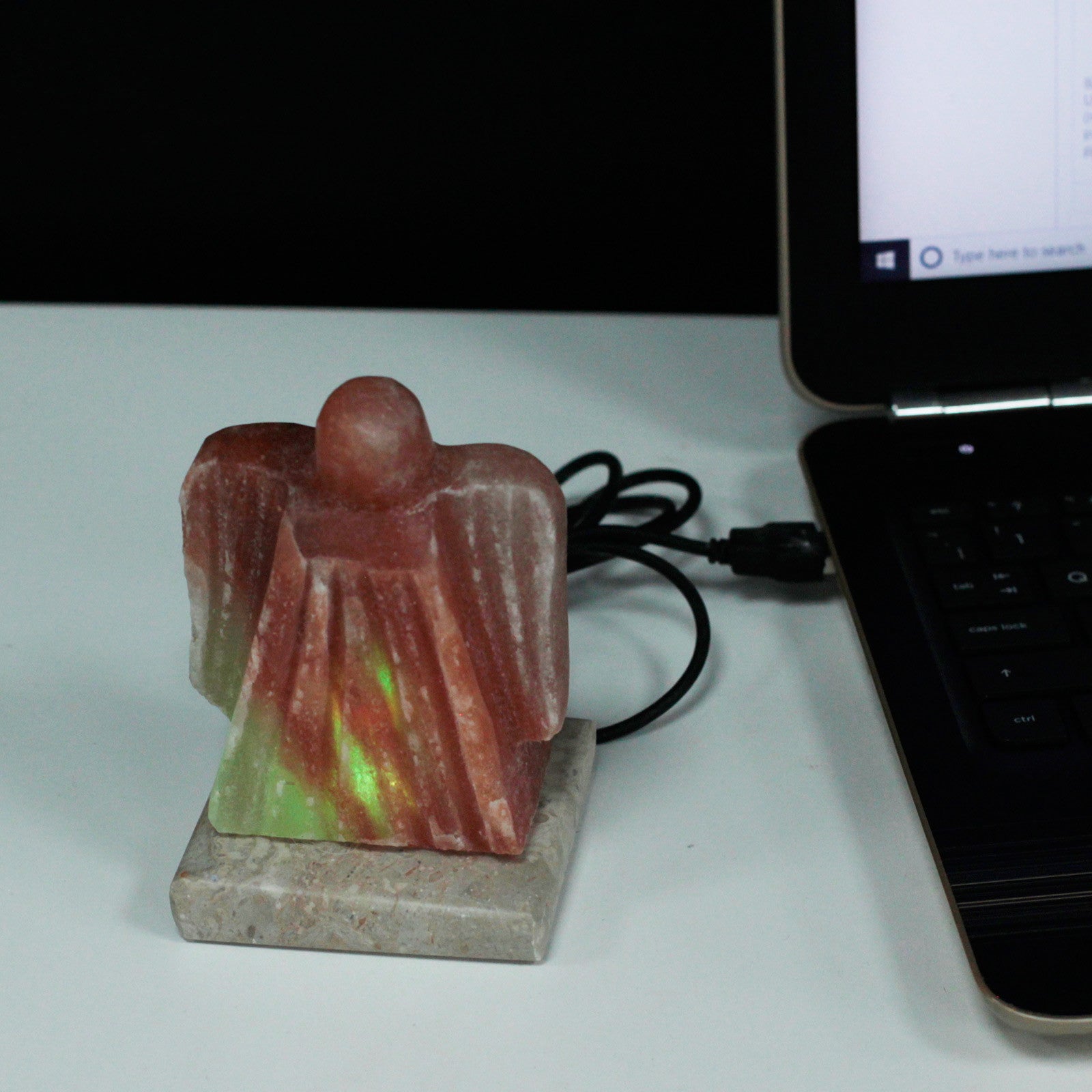 Hand Carved USB Himalayan Salt Crystal Lamp with Base - Natural / Angel / Multicoloured Light product packaging on clean background from Quintessential Holistic Health Ltd