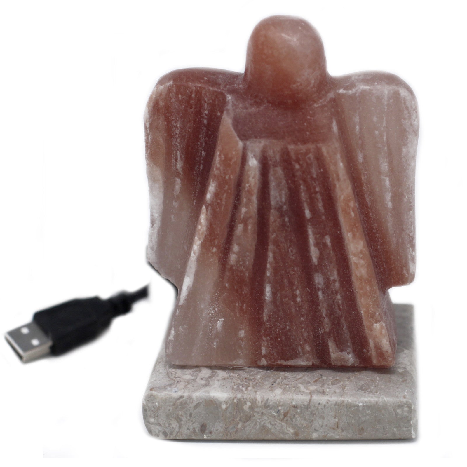 Hand Carved USB Himalayan Salt Crystal Lamp with Base - Natural / Angel / Multicoloured Light product packaging on clean background from Quintessential Holistic Health Ltd