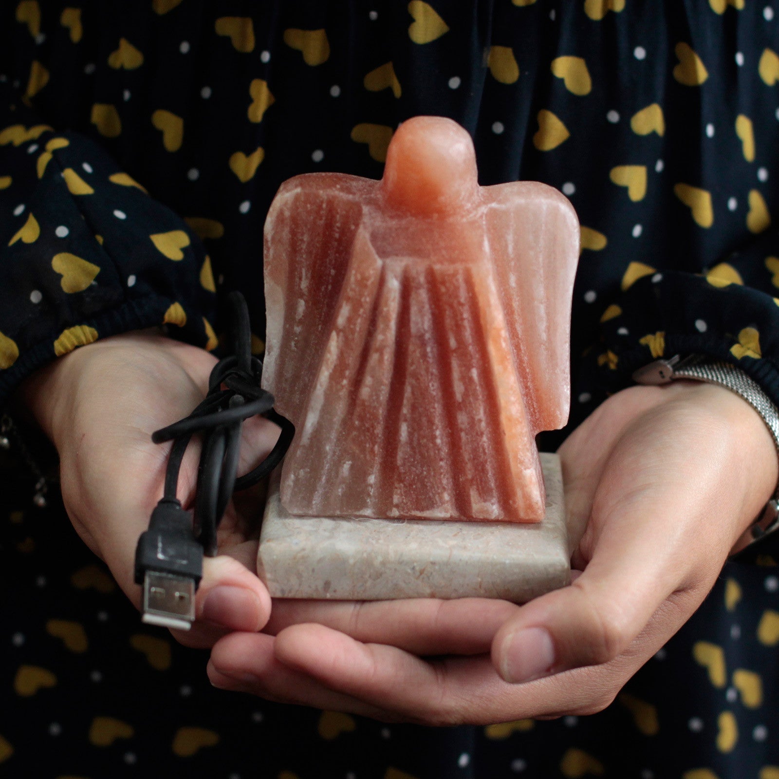 Hand Carved USB Himalayan Salt Crystal Lamp with Base - Natural / Angel / Multicoloured Light product packaging on clean background from Quintessential Holistic Health Ltd