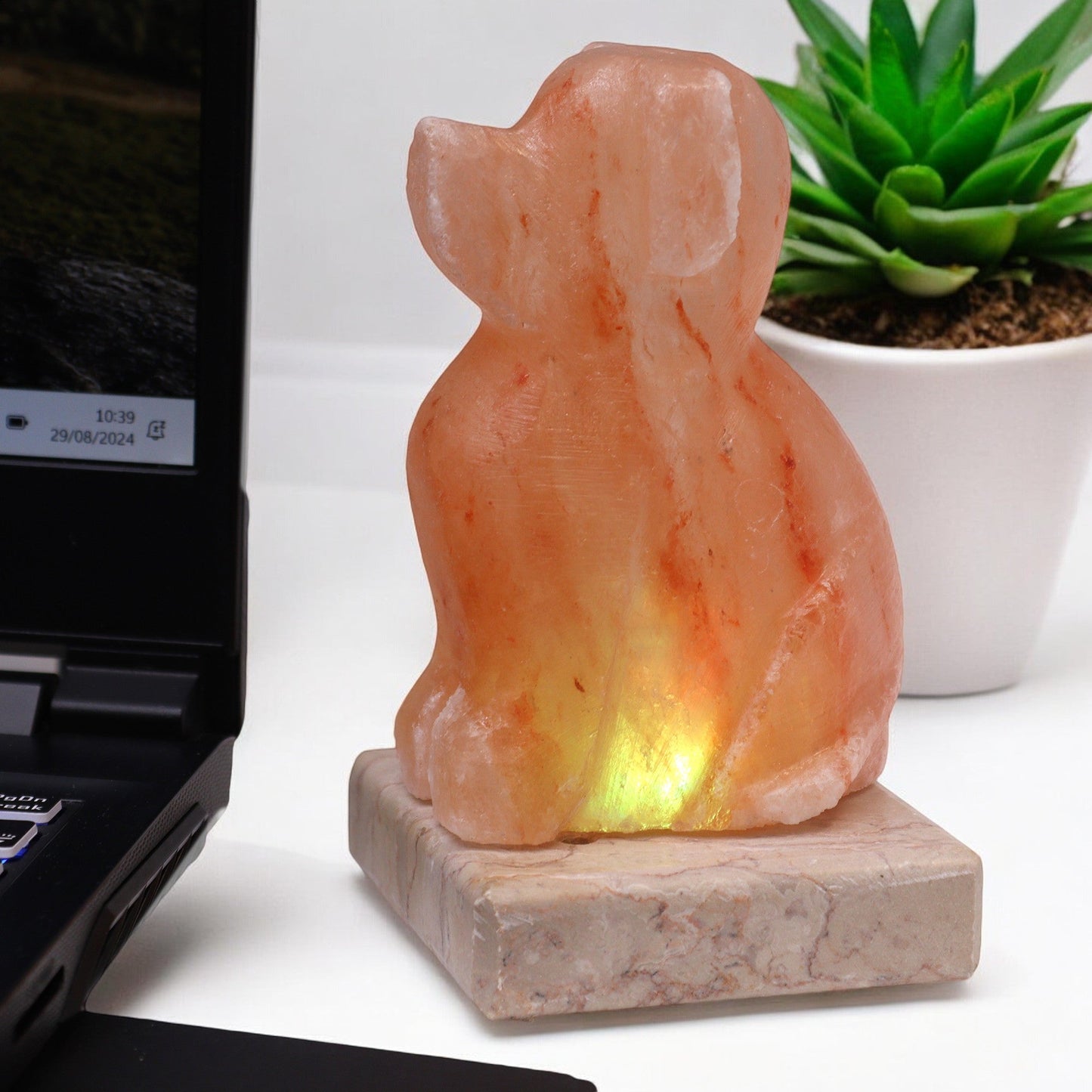 Hand Carved USB Himalayan Salt Crystal Lamp with Base - Natural / Dog product packaging on clean background from Quintessential Holistic Health Ltd