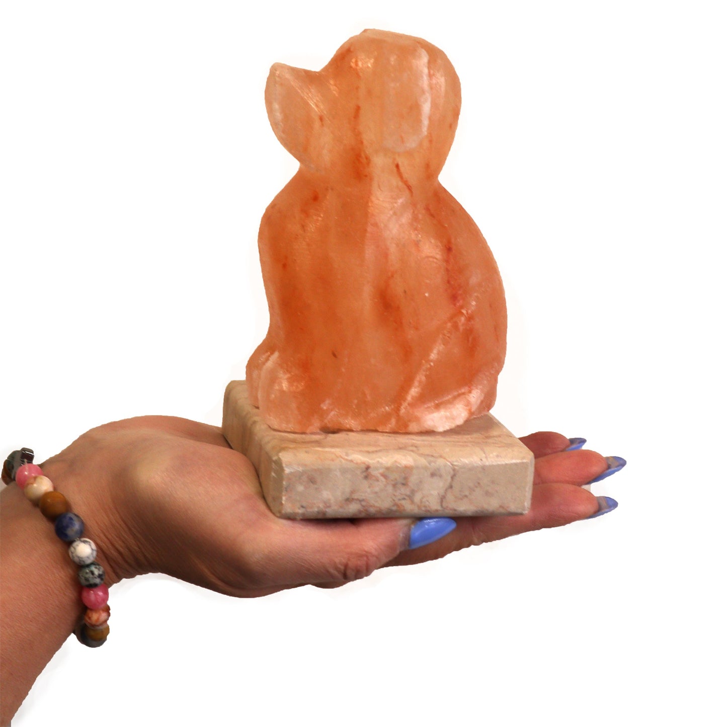 Hand Carved USB Himalayan Salt Crystal Lamp with Base - Natural / Dog product packaging on clean background from Quintessential Holistic Health Ltd
