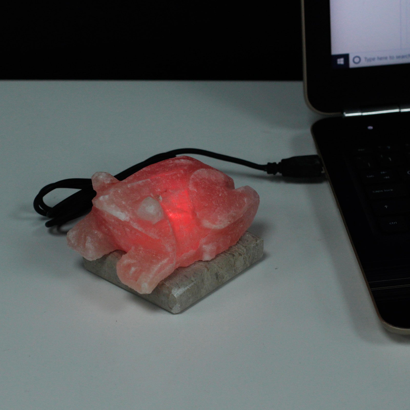 Hand Carved USB Himalayan Salt Crystal Lamp with Base - Natural / Toad / Multicoloured Light product packaging on clean background from Quintessential Holistic Health Ltd