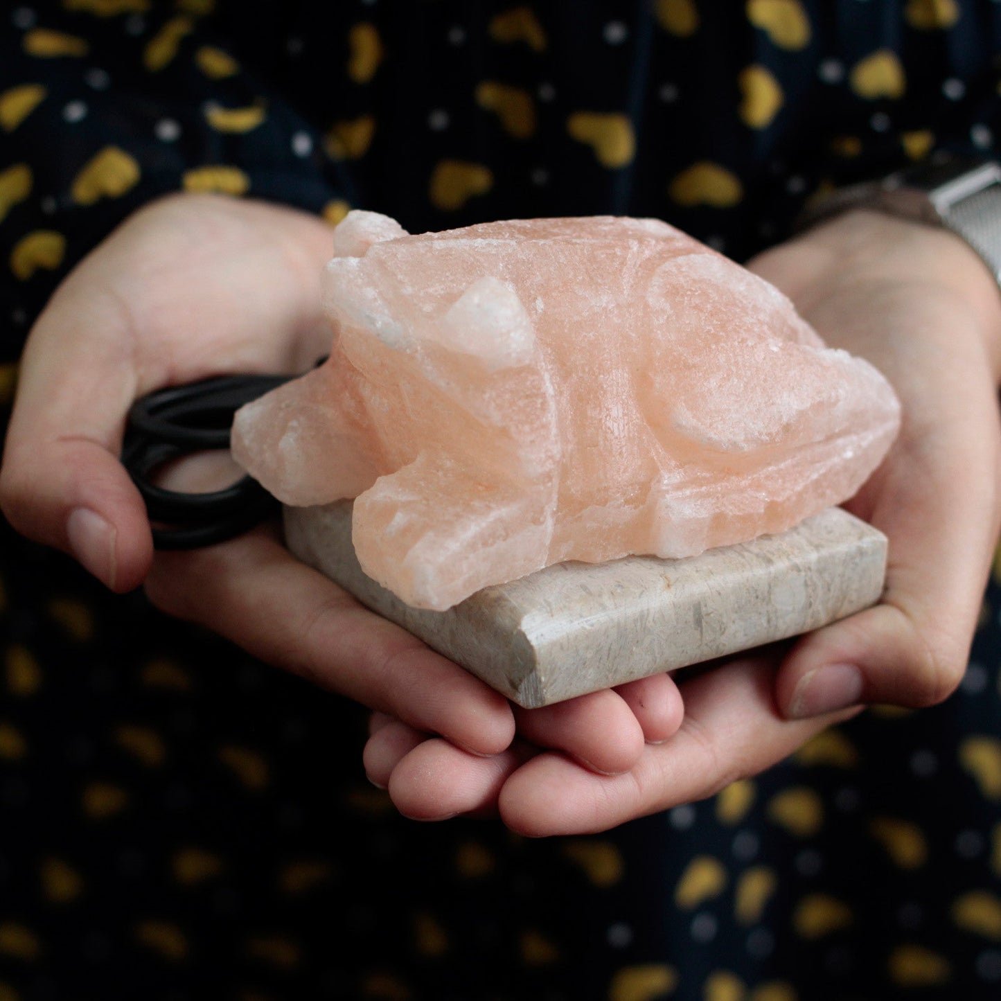 Hand Carved USB Himalayan Salt Crystal Lamp with Base - Natural / Toad / Multicoloured Light product packaging on clean background from Quintessential Holistic Health Ltd