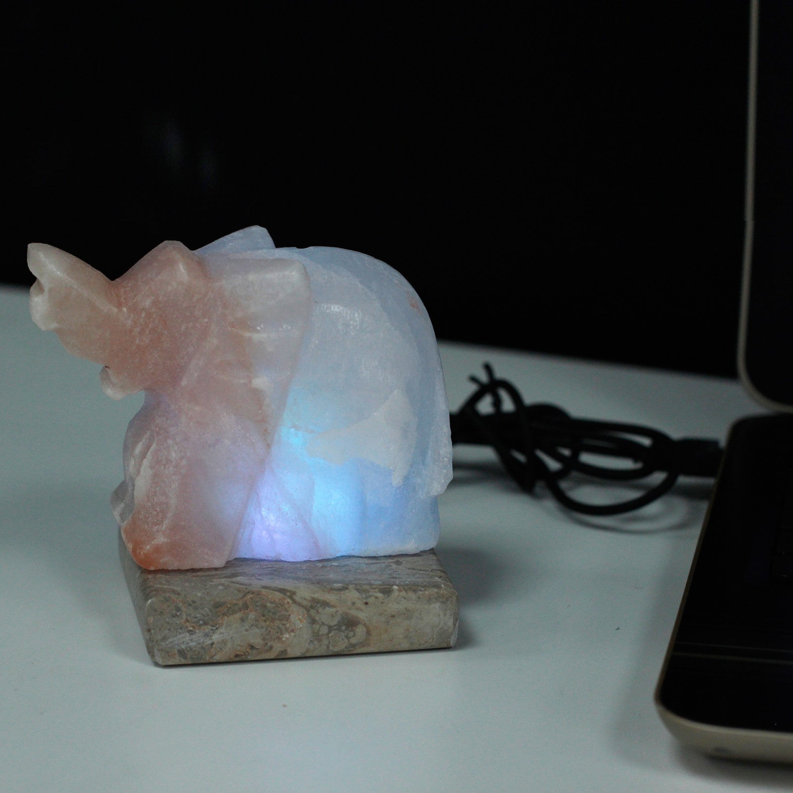 Hand Carved USB Himalayan Salt Crystal Lamp with Base - Natural / Elephant / Multicoloured Light product packaging on clean background from Quintessential Holistic Health Ltd