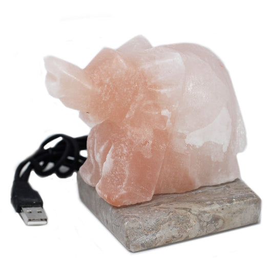 Hand Carved USB Himalayan Salt Crystal Lamp with Base - Natural / Elephant / Multicoloured Light product packaging on clean background from Quintessential Holistic Health Ltd
