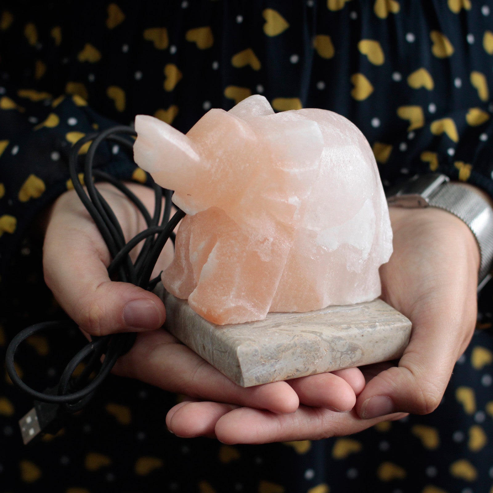 Hand Carved USB Himalayan Salt Crystal Lamp with Base - Natural / Elephant / Multicoloured Light product packaging on clean background from Quintessential Holistic Health Ltd