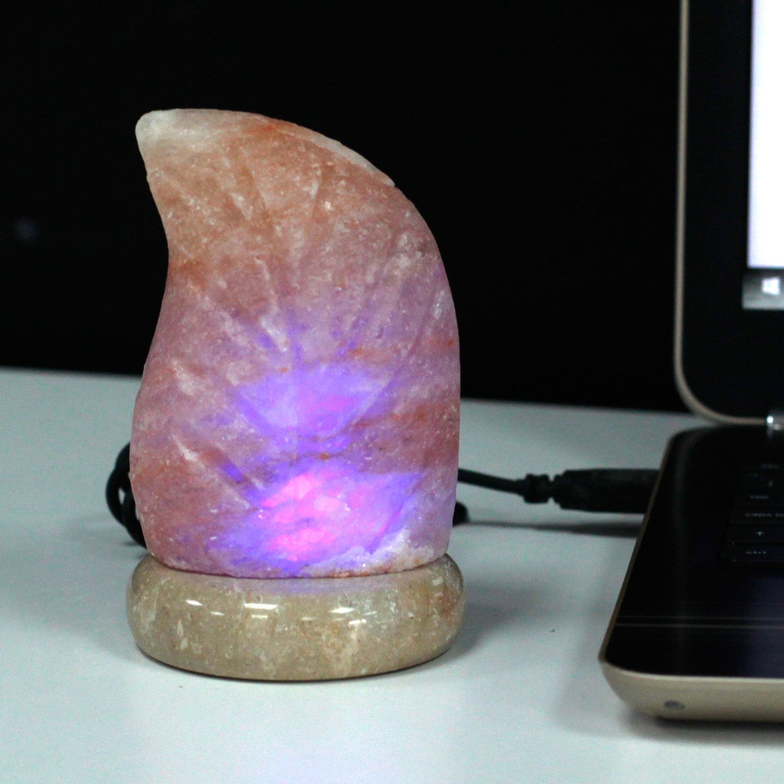 Hand Carved USB Himalayan Salt Crystal Lamp with Base - Natural / Leaf / Multicoloured Light product packaging on clean background from Quintessential Holistic Health Ltd