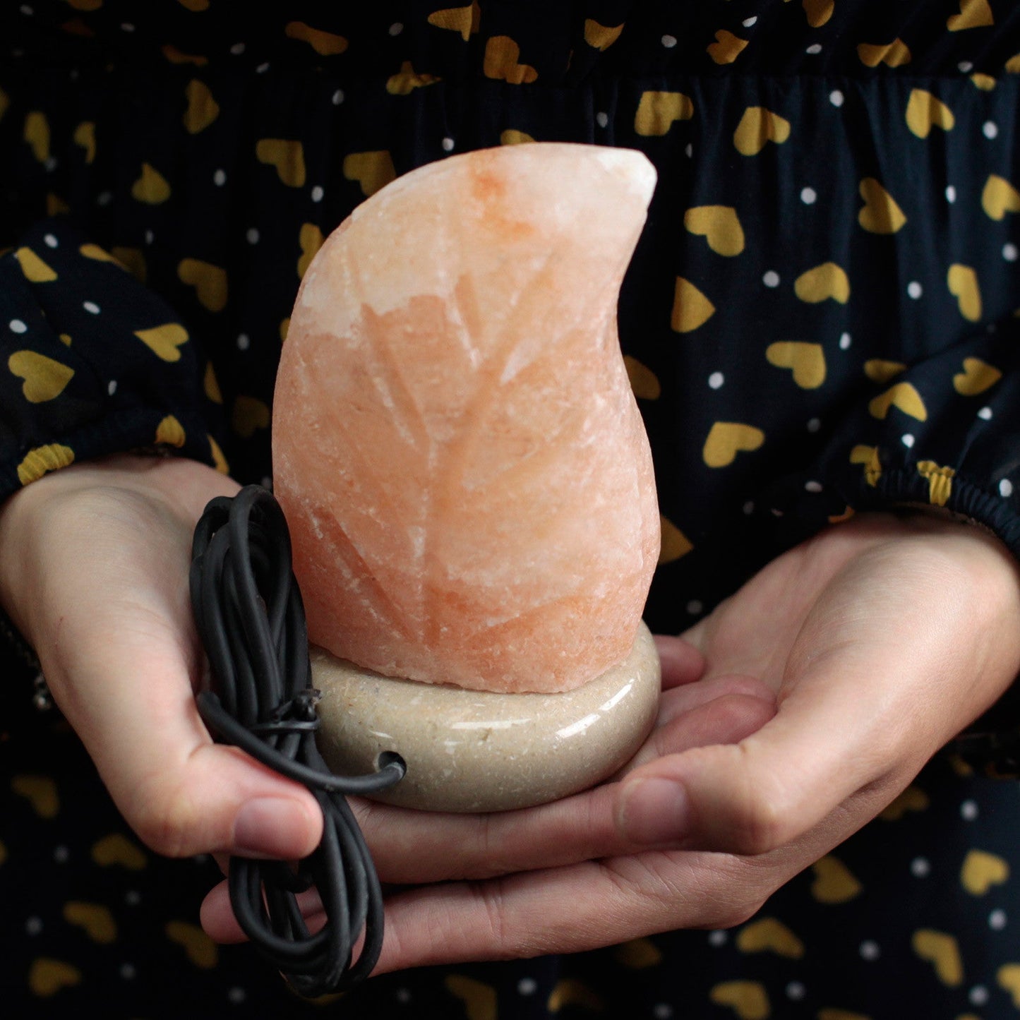 Hand Carved USB Himalayan Salt Crystal Lamp with Base - Natural / Leaf / Multicoloured Light product packaging on clean background from Quintessential Holistic Health Ltd