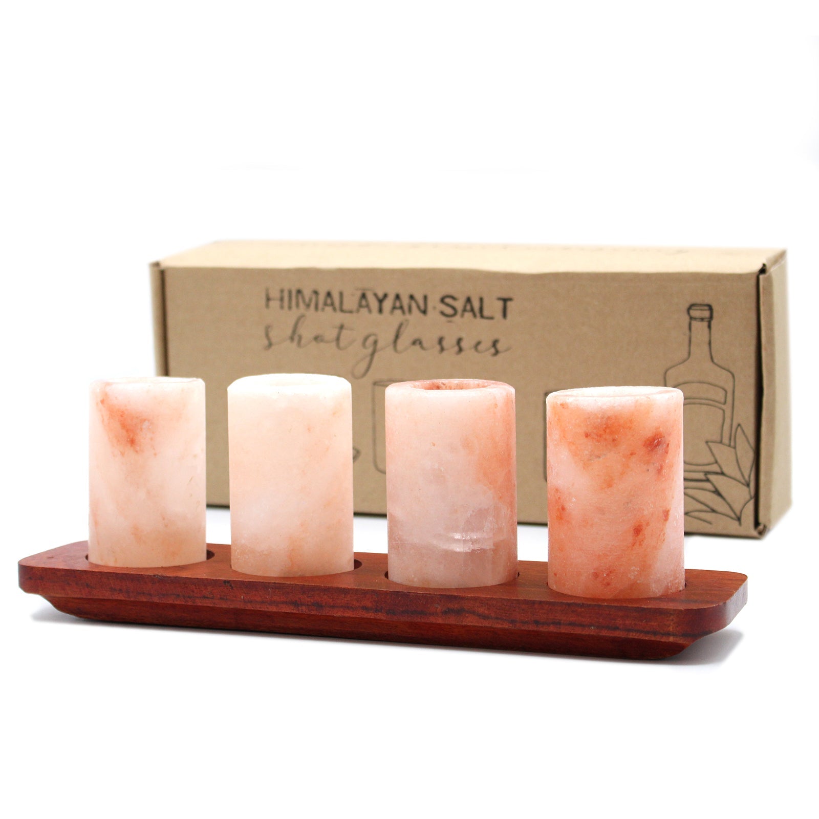 Set of 4 Hand-Carved Himalayan Salt Shot Glasses & Wooden Tray, four pink shot glasses on a dark tray beside a kraft box by Quintessential Holistic Health Ltd