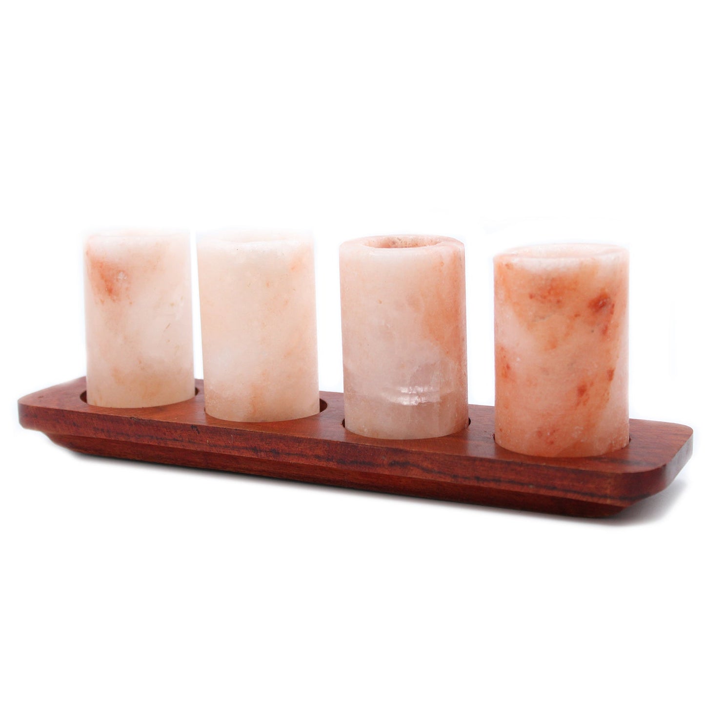 Set of 4 Hand-Carved Himalayan Salt Shot Glasses & Wooden Tray, four pink shot glasses arranged on a dark red-brown tray by Quintessential Holistic Health Ltd