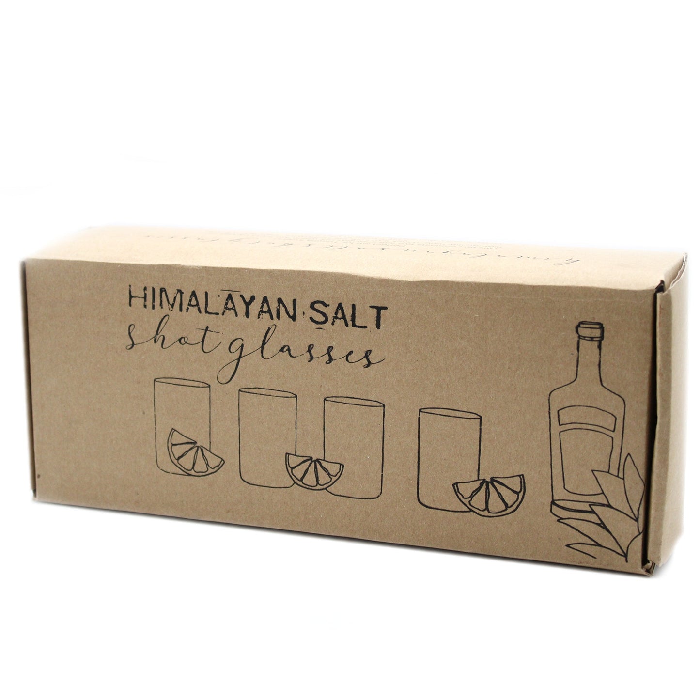 Set of 4 Hand-Carved Himalayan Salt Shot Glasses & Wooden Tray, kraft box with black line drawings of glasses and a bottle by Quintessential Holistic Health Ltd