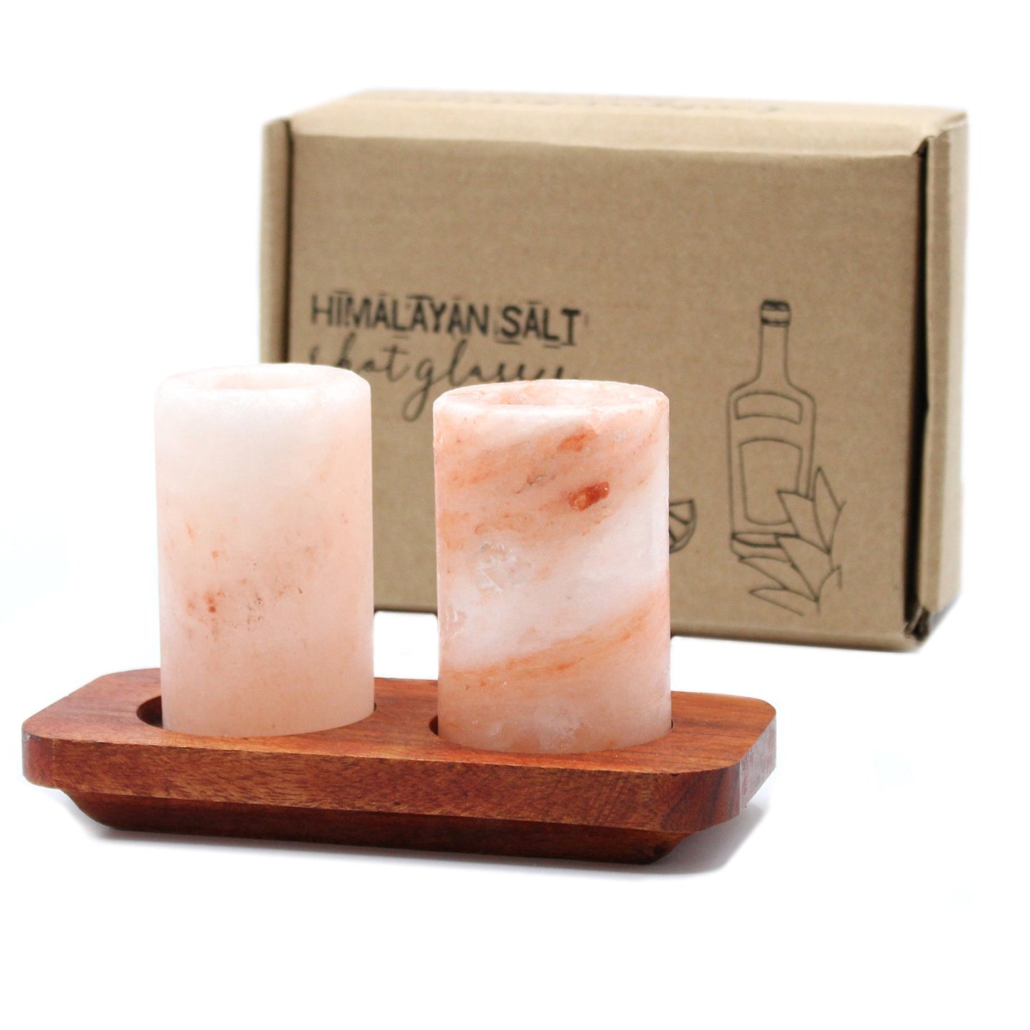 Set of 2 Hand-Carved Himalayan Salt Shot Glasses & Wooden Tray, two pink marbled glasses on a red-brown tray beside a brown box by Quintessential Holistic Health Ltd