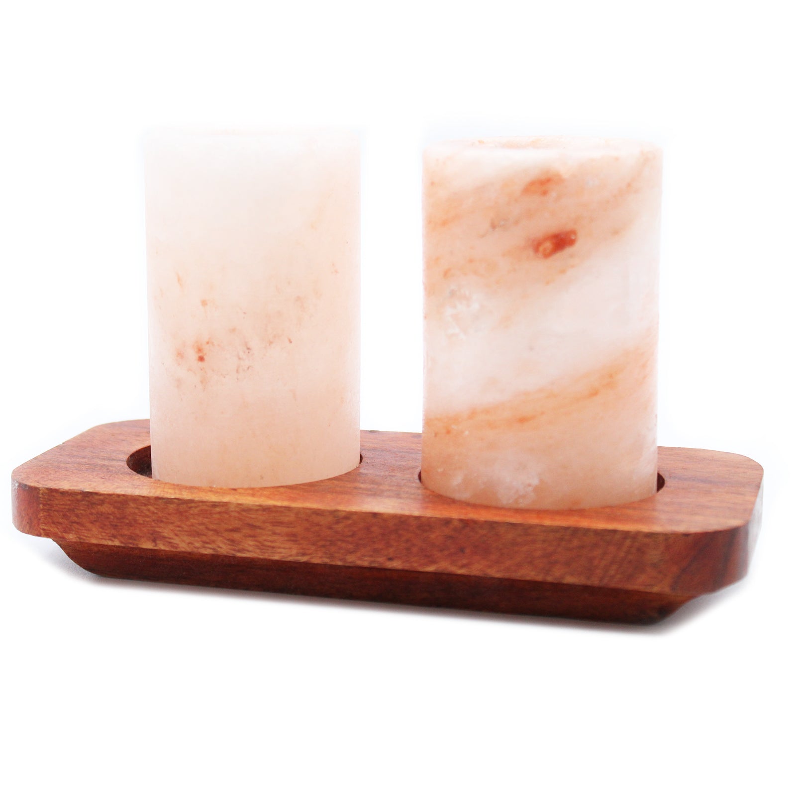 Set of 2 Hand-Carved Himalayan Salt Shot Glasses & Wooden Tray, two pale pink glasses on a reddish wooden tray by Quintessential Holistic Health Ltd