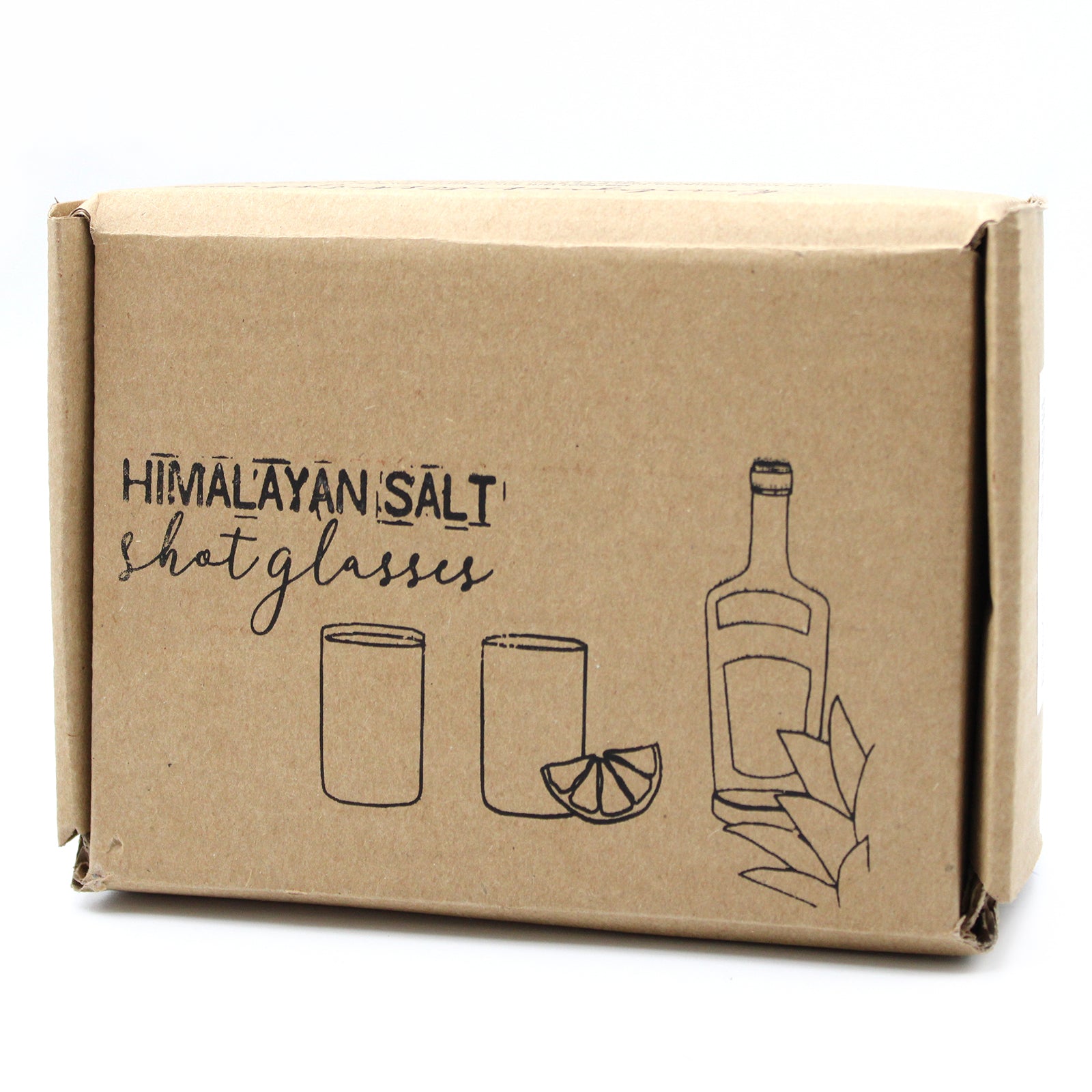 Set of 2 Hand-Carved Himalayan Salt Shot Glasses & Wooden Tray, a closed brown box printed with black line drawings and lettering by Quintessential Holistic Health Ltd