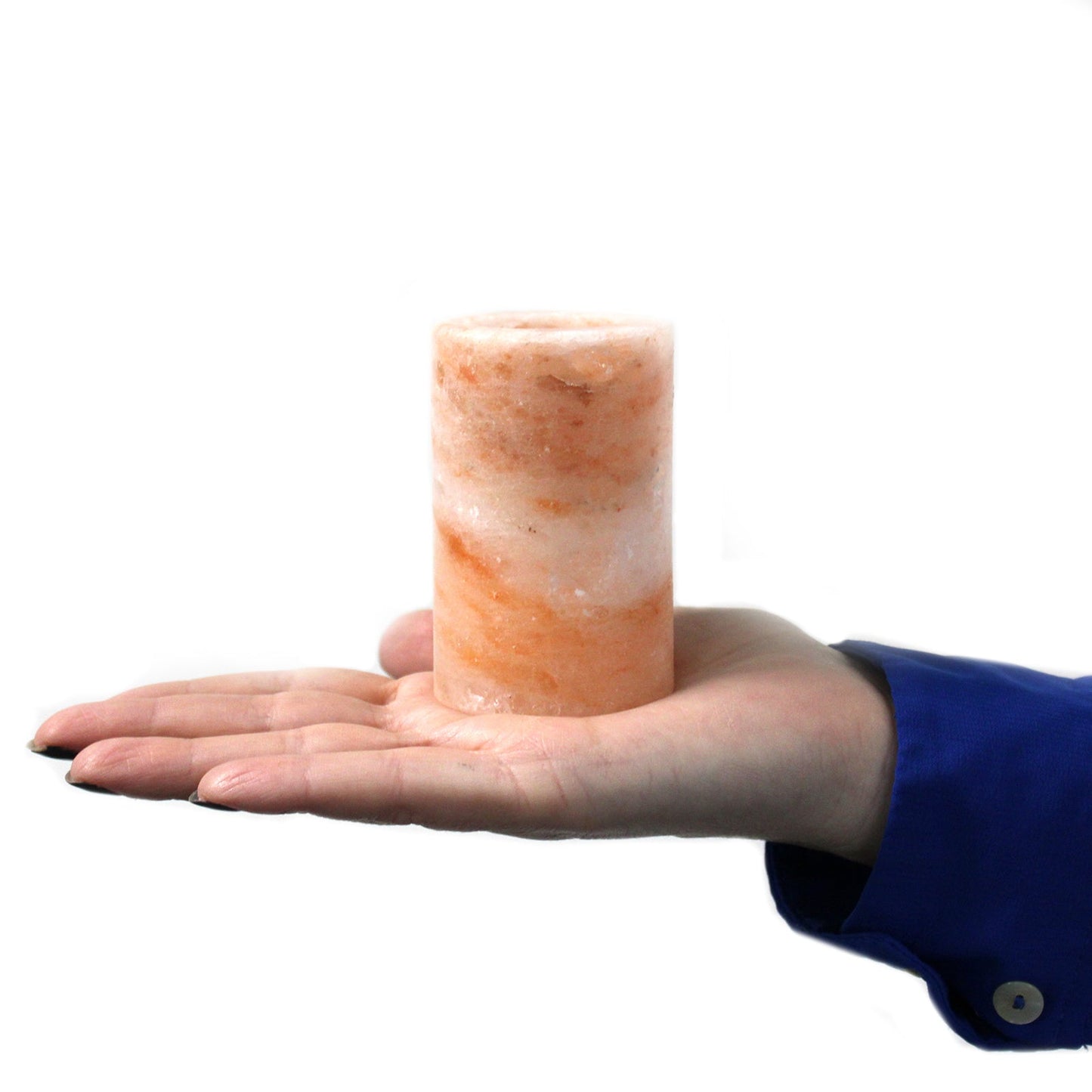 Set of 2 Hand-Carved Himalayan Salt Shot Glasses & Wooden Tray, one pink marbled glass displayed on an open palm by Quintessential Holistic Health Ltd