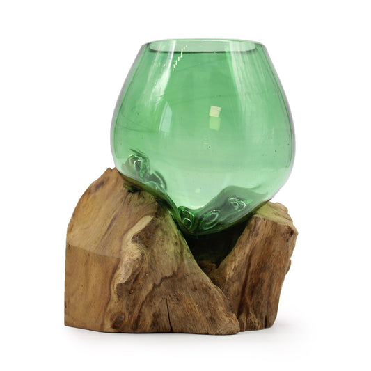 Handmade Recycled Glass Beer Bottle Vase on Wood - Small - Oval - Green - main product image from Quintessential Holistic Health Ltd UK
