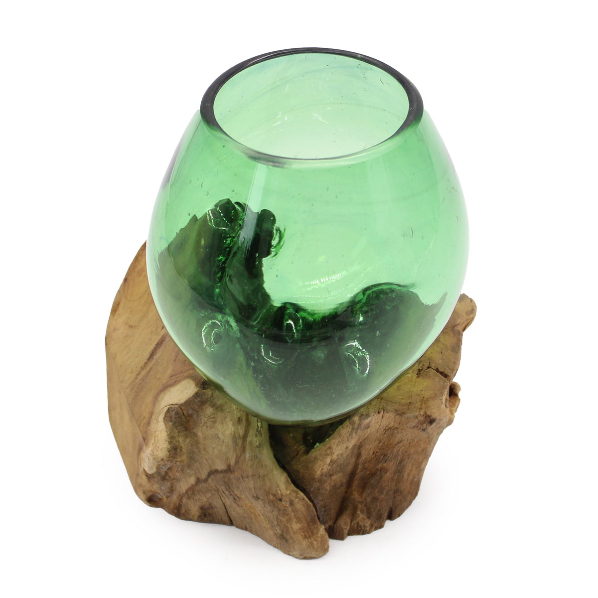 Recycled Glass Vase on Wood - Small Oval Green, with a wide oval opening, dark rim and rounded body on wood by Quintessential Holistic Health Ltd