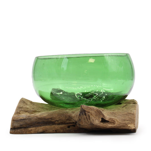 Handmade Recycled Glass Beer Bottle Wide Bowl and Vase on Wood - Medium - Round - Green - main product image from Quintessential Holistic Health Ltd UK