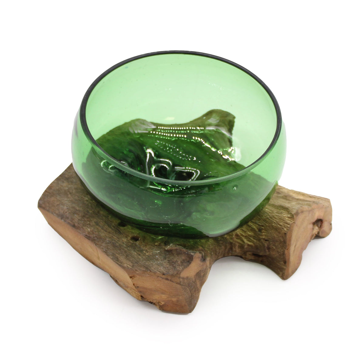 Recycled Glass Wide Bowl Vase on Wood - Medium Round Green, with a deep circular bowl and prominent dark rim on wood by Quintessential Holistic Health Ltd