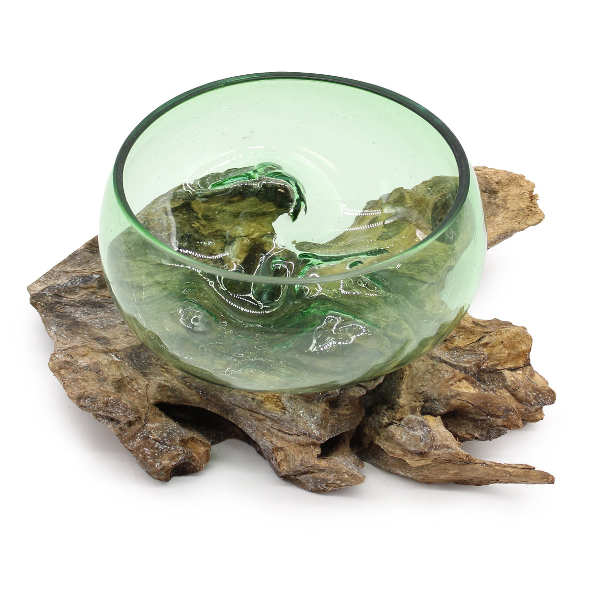 Recycled Glass Bowl Vase on Wood - Large Round Green, with a deep spherical bowl and dark-edged circular rim by Quintessential Holistic Health Ltd