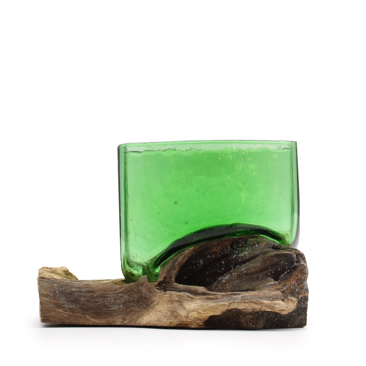 Recycled Glass Vase on Wood - Rectangular - Green, with straight sides and an uneven lower edge on a low wood base by Quintessential Holistic Health Ltd