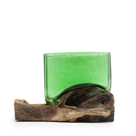 Handmade Recycled Glass Beer Bottle Vase on Wood - Rectangular - Green - main product image from Quintessential Holistic Health Ltd UK