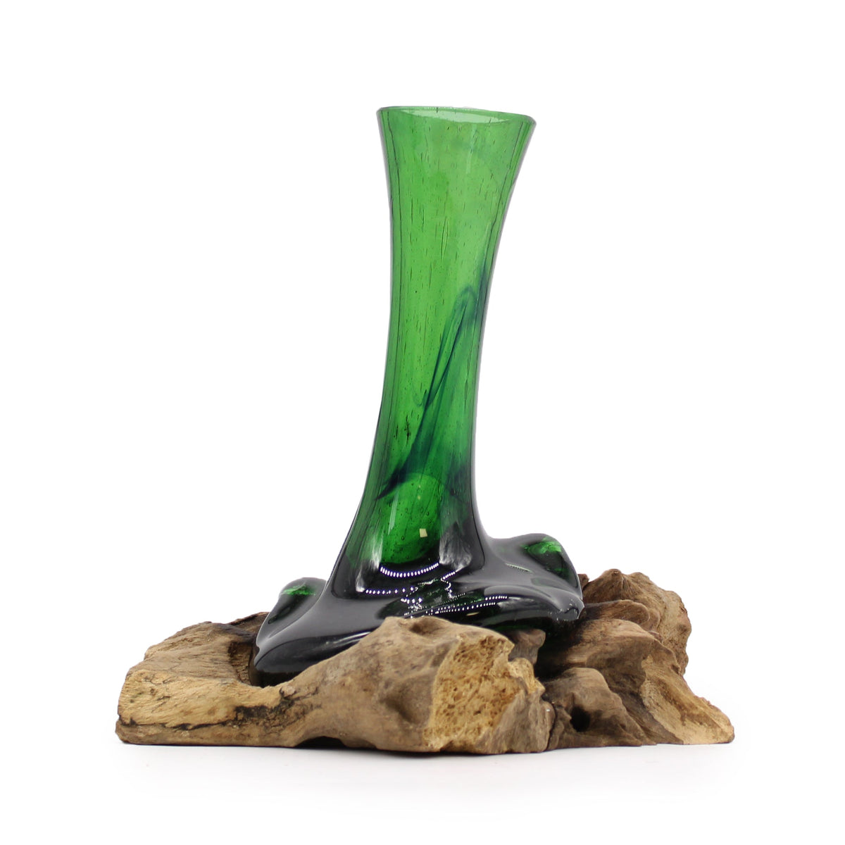 Recycled Beer-Bottle Glass Flower Vase on Wood - Large Green, with a tall narrow neck, flared rim and flowing dark base by Quintessential Holistic Health Ltd