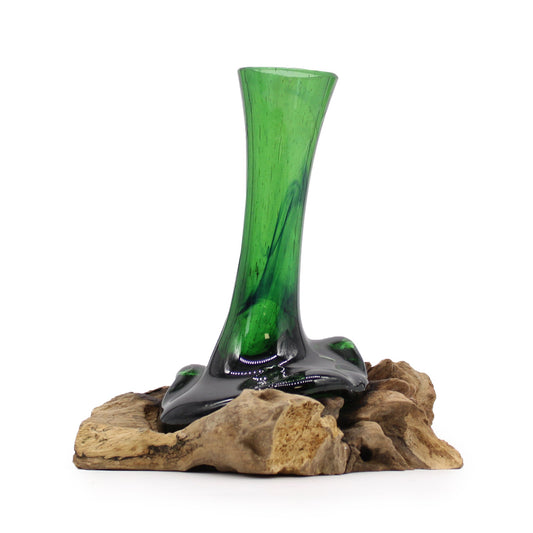 Handmade Recycled Glass Beer Bottle Flower Vase on Wood - Large - Green - main product image from Quintessential Holistic Health Ltd UK