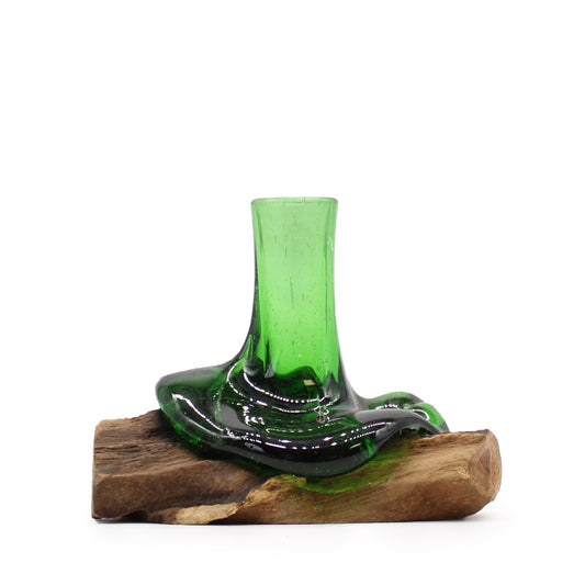 Handmade Recycled Glass Beer Bottle Flower Vase on Wood - Small - Green - main product image from Quintessential Holistic Health Ltd UK