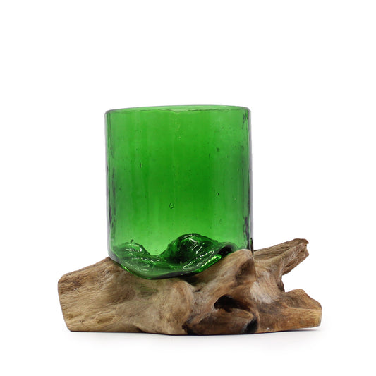 Handmade Recycled Glass Beer Bottle Vase on Wood - Round - Green - main product image from Quintessential Holistic Health Ltd UK