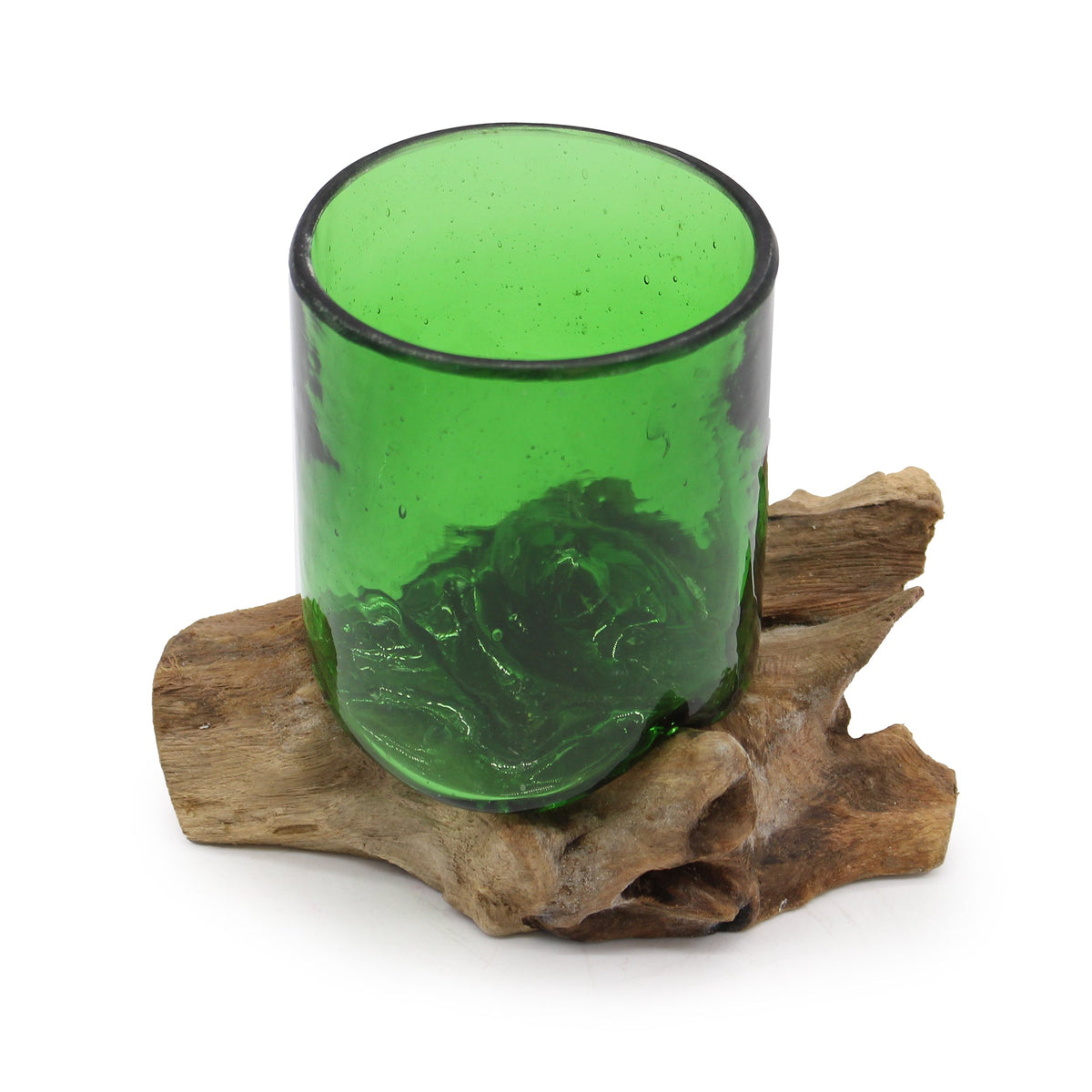 Handmade Recycled Beer-Bottle Glass Vase on Wood - Round Green, with a wide circular opening and rippled base by Quintessential Holistic Health Ltd