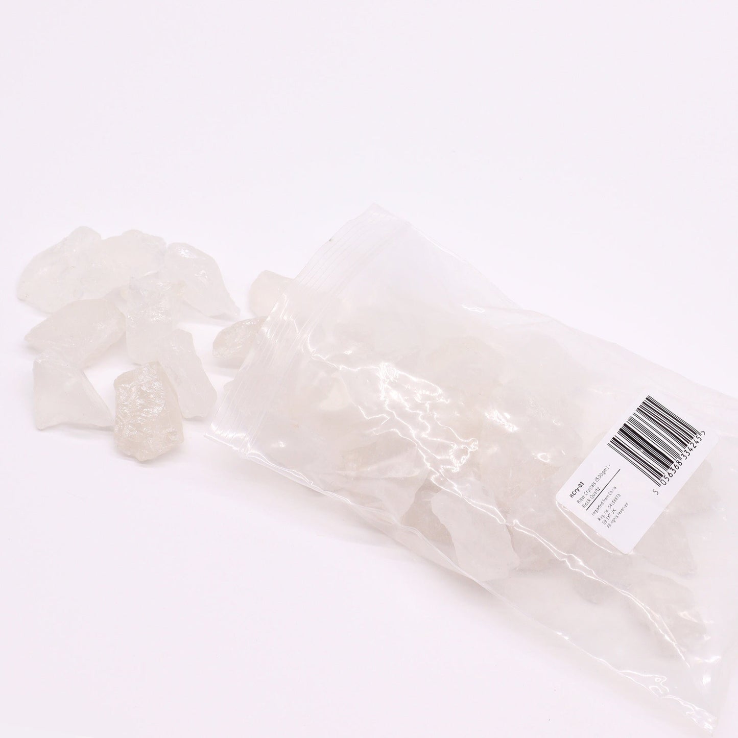 500g Raw Crystals - Rock Quartz product packaging on clean background from Quintessential Holistic Health Ltd