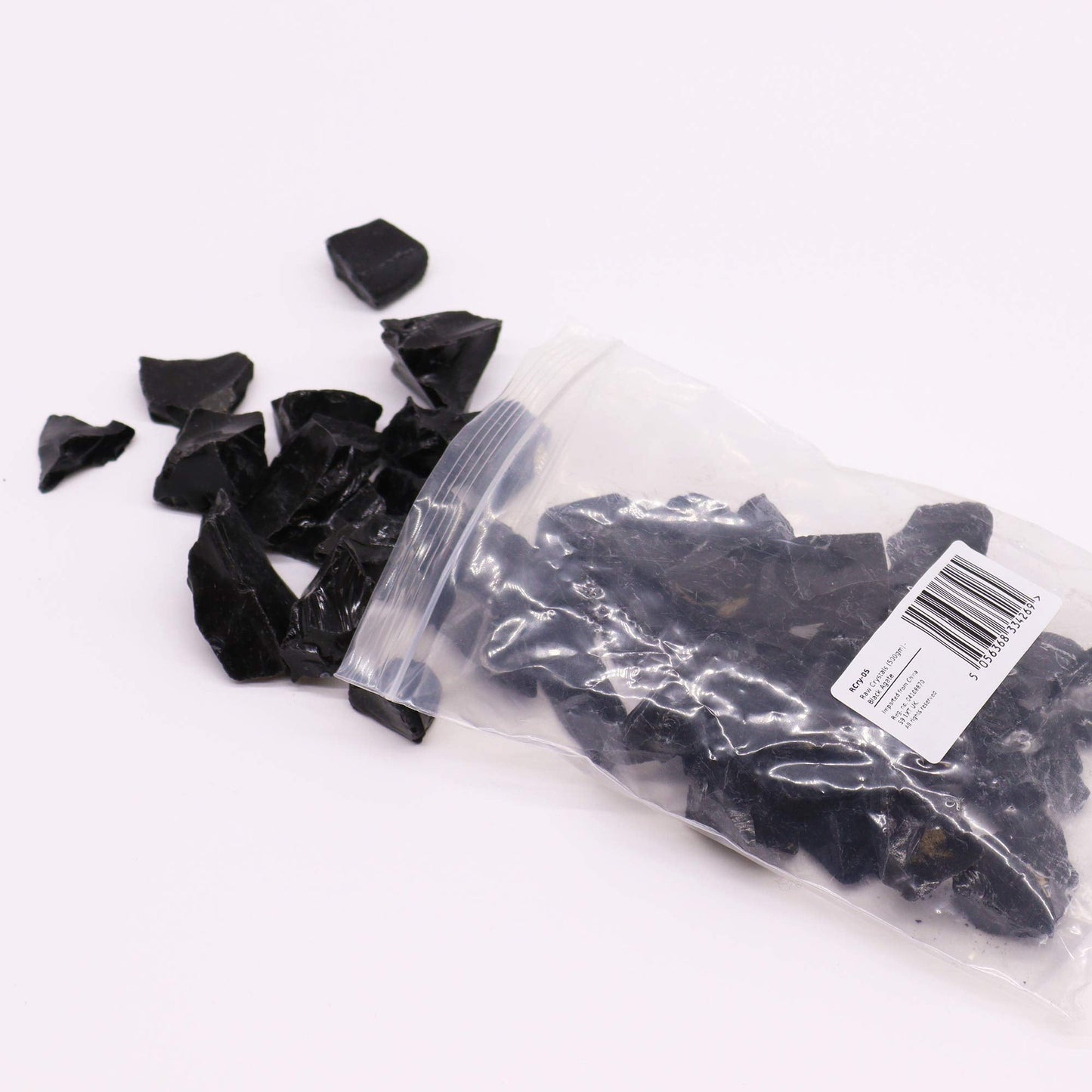 500g Raw Crystals - Black Agate product packaging on clean background from Quintessential Holistic Health Ltd