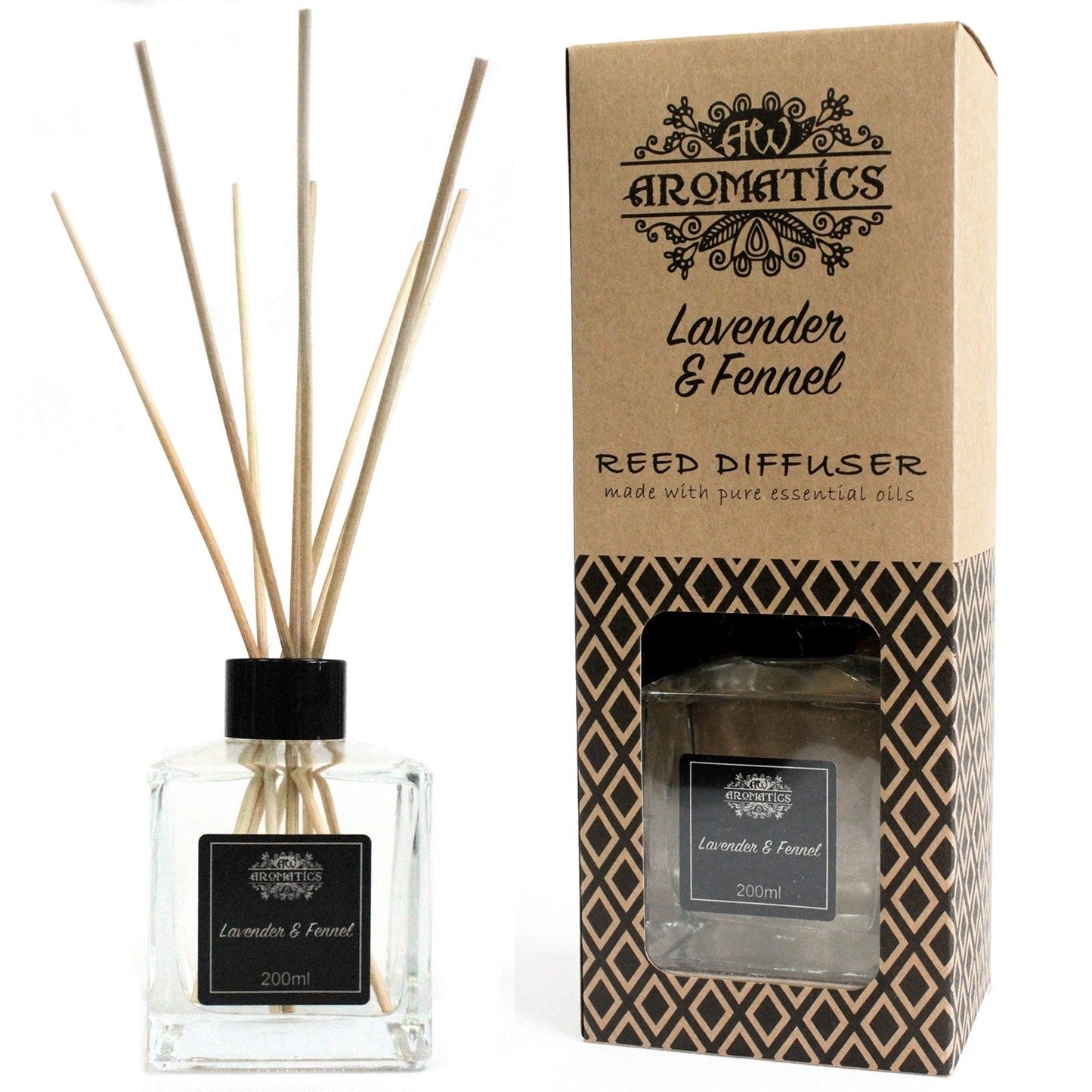 Reed Diffuser - Lavender and Fennel - 200ml, clear square bottle with black cap and reeds beside its branded box by Quintessential Holistic Health Ltd