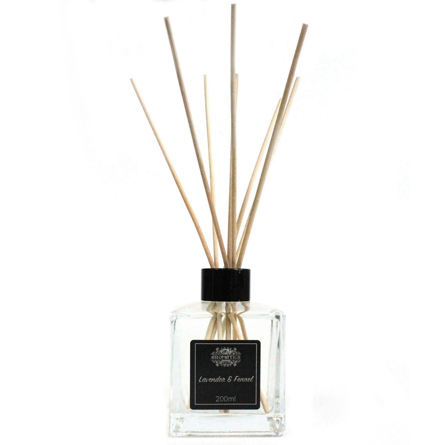 Reed Diffuser - Lavender and Fennel - 200ml, clear square bottle with black cap, black label and fanned reeds by Quintessential Holistic Health Ltd
