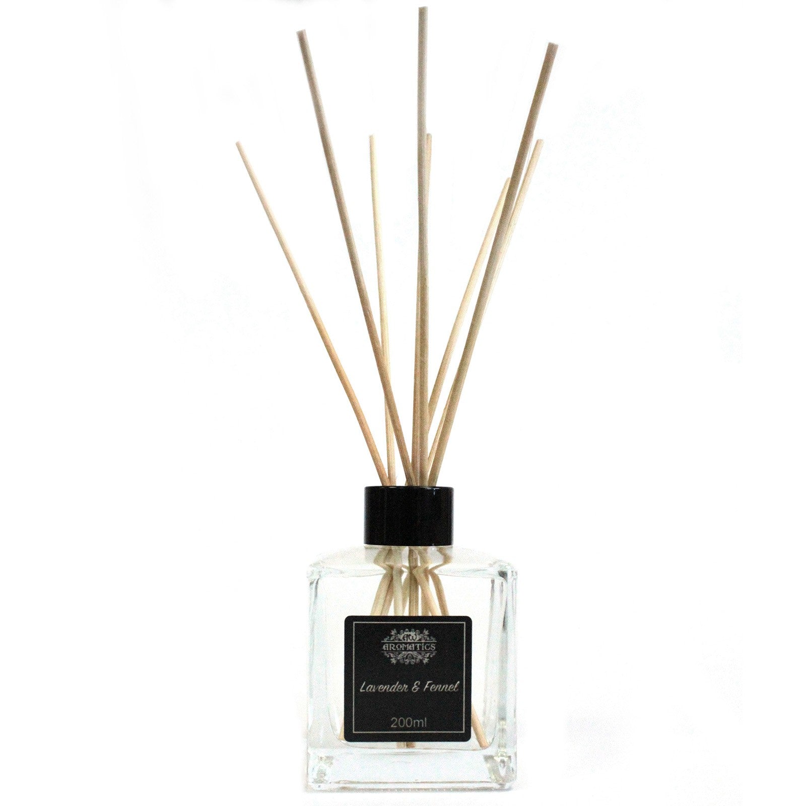 Reed Diffuser - Lavender and Fennel - 200ml, clear square bottle with black cap, black label and fanned reeds by Quintessential Holistic Health Ltd