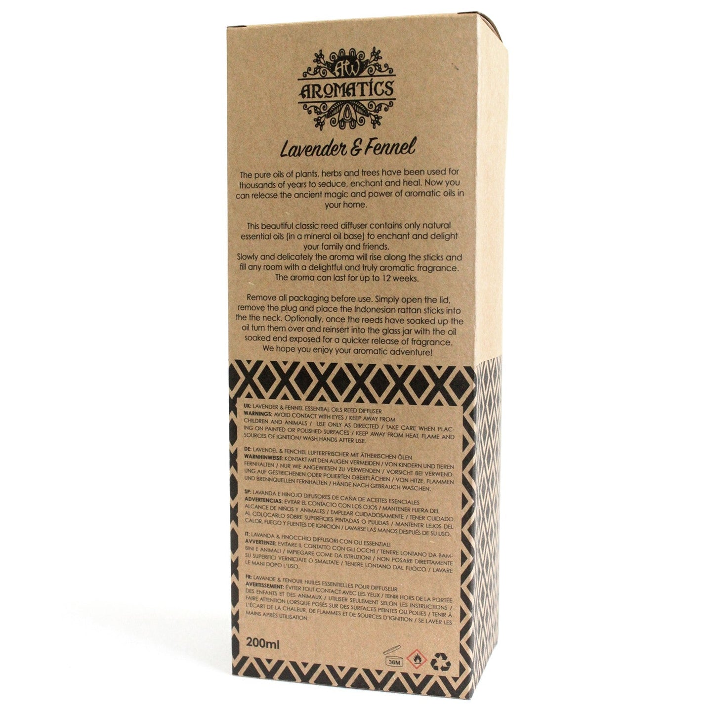 Reed Diffuser - Lavender and Fennel - 200ml, back of tall brown box with printed product information and geometric bands by Quintessential Holistic Health Ltd