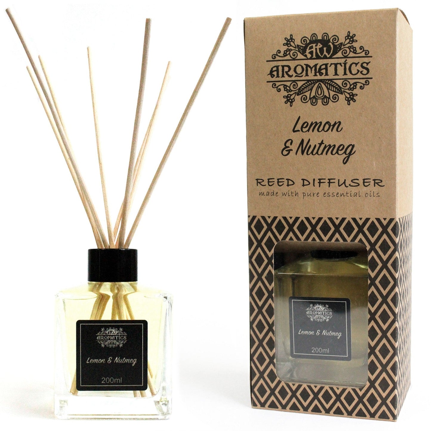 Reed Diffuser - Lemon and Nutmeg - 200ml, pale-filled square bottle with black cap and reeds beside a tall branded box by Quintessential Holistic Health Ltd